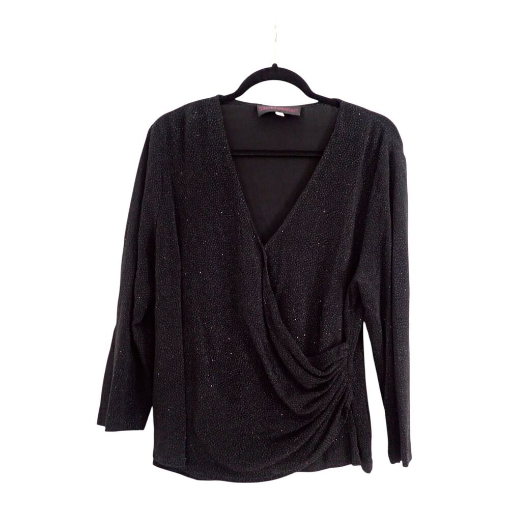 TOM & LINDA PLATT Vintage 1X Sparkle Cross Front Long Sleeve Black Ruched Blouse